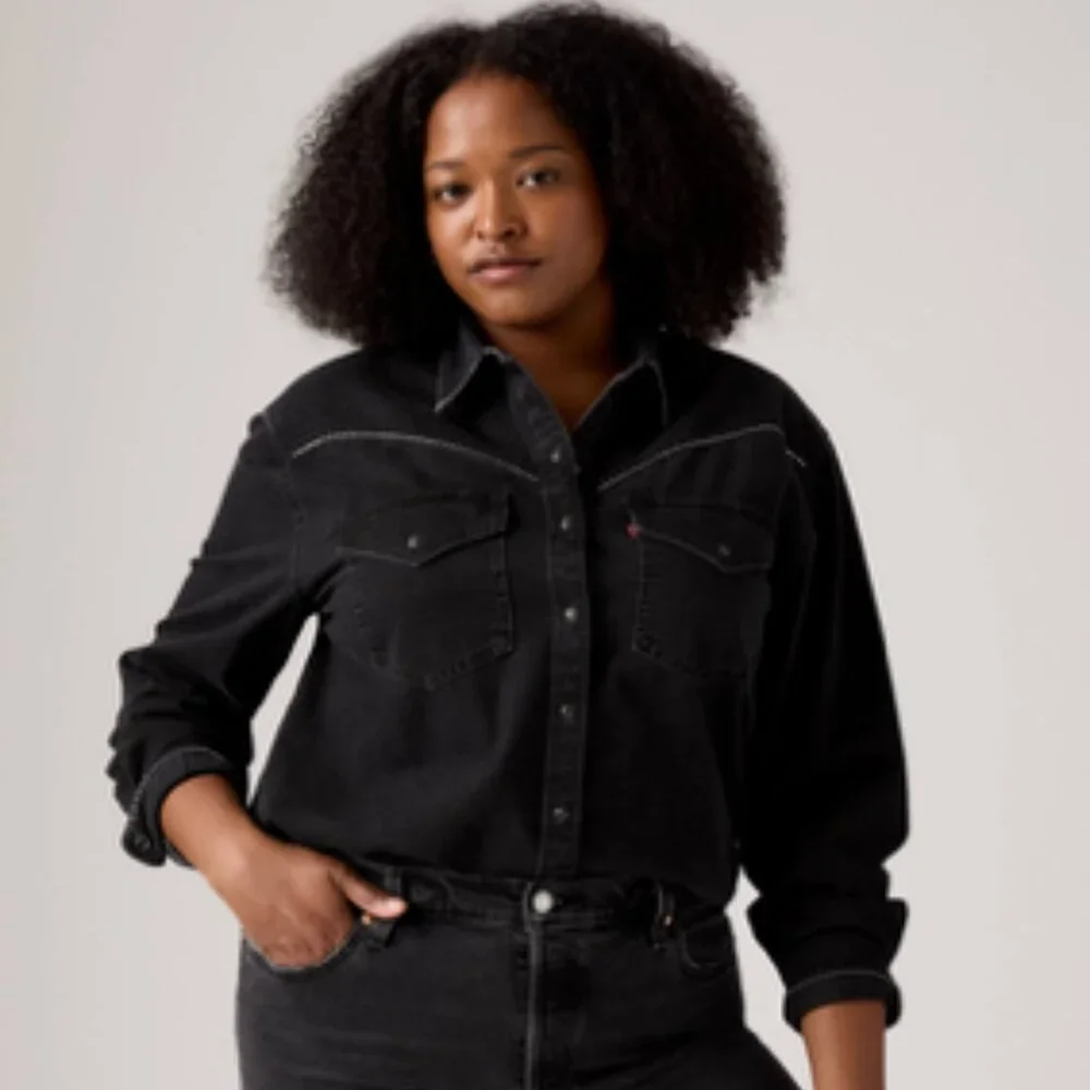 Levi's Shirt Womens 2X Black Western Denim Button Up Rhinestone Long Sleeve